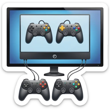 An icon showing two monitors with gaming interfaces, connected by a wire. Each monitor displays a different game screen, with two gamepads placed nearby, symbolizing multiplayer gameplay. transparent background. sticker