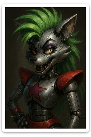 Roxanne Wolf, the animatronic wolf from FNAF Security Breach, with a spiky green mane, metallic body, and a mischievous expression sticker
