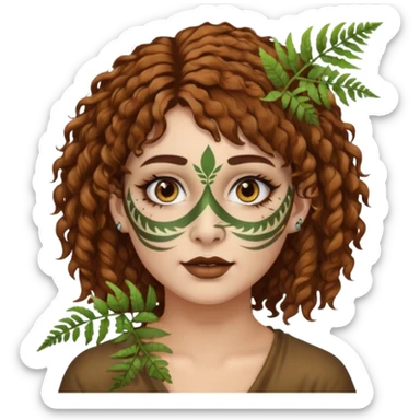 portrait woman short curly brown mullet hair brown eyes white skin with fern face paint and nose ring sticker