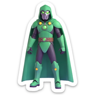 Doctor Doom standing tall with glowing green eyes behind his metal mask, full body view sticker