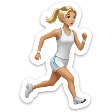 Mujer color de piel moreno, con cabello rubio largo, lacio y suelto, bonita, nariz respingada, corriendo con ropa deportiva color blanco  sticker
