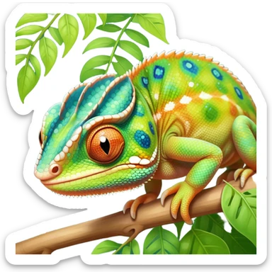 cinematic cute-smiling baby chameleon-realistic emoji,-blending-with-vibrant-greenery.-detailed-scales-in-shifting-colors,-showing-the-chameleon’s-ability-to-camouflage.-soft-natural-light-highlights-its-texture.-nature-background, zoomed into its face sticker