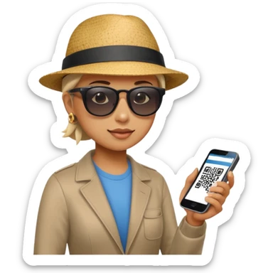 Draw a tourist who is using their phone to scan a QR code on a POS terminal. In the style of Apple emoji sticker