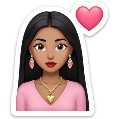 Woman,Medium brown skin,super long black straight hair, medium brown arched eyebrows, full lashes, red nude lips, diamond short earrings, gold heart locket, pink shirt sticker