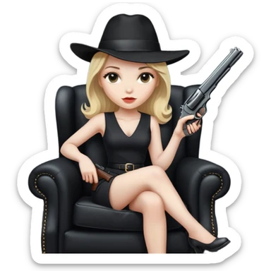 Mafia blondes woman in hat , gun , armchair , black sticker