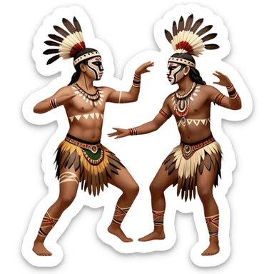 Cinematic Realistic scene of two indigenous dancers performing an Aboriginal Corroboree, adorned in intricate traditional body paint and ceremonial attire, captured in fluid motion with earthy tones and vibrant, cultural lighting sticker