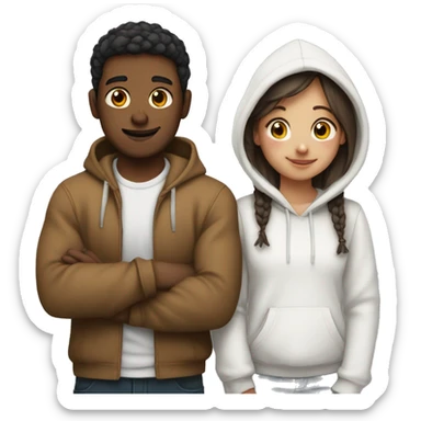 An emoji of a man wearing a white hoodie, standing next to his sister. He is hugging her warmly, showing a close sibling bond sticker