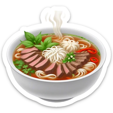 Cinematic Realistic Pho Dish Emoji, depicted as a steaming bowl of aromatic beef noodle soup with herbs rendered with lifelike textures and vibrant, warm lighting. sticker