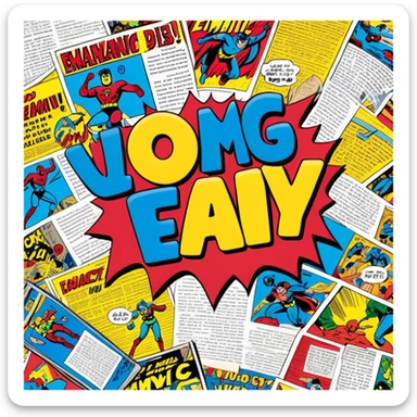 Create a vibrant emoji representing comic books and graphic novels. The design should feature a large, open comic book or vintage comic magazine with pages displaying classic comic art, with text. The comic pages should have bold, dynamic panels and action scenes. Include a pencil writing on the pages, but without a hand, to symbolize the artistic creation of comics. Use bright colors like red, blue, and yellow, with a retro feel to the design. Make the background transparent. sticker