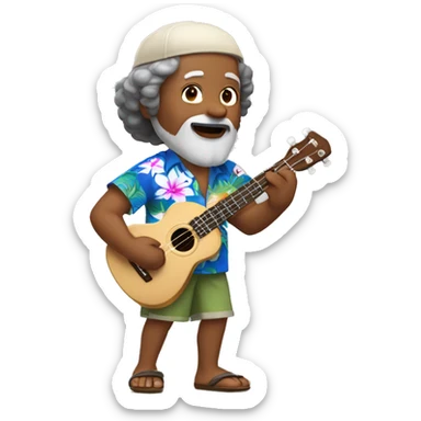 dark-skinned native hawaiian man h playing ukulele age 57 with hawaiian shirt shorts beard with cap and hair with a little gray hair, with eastern asian eyes sticker