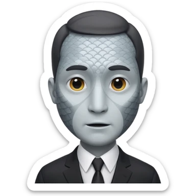 A fish man dressed in a black suit. Its face is grey fish. Just a fish. And The fish is facing upward. The fish’s neck connects smoothly with the collar of the suit. sticker