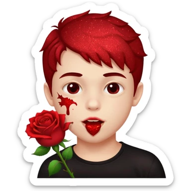 red glitter naughty-looking boy biting a rose in his mouth sticker