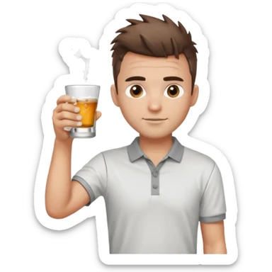 Handsome male.short messy brown hair.mowhawk hairstyle. wearing white golf shirt.grey shorts. Cheersing with a shot glass sticker