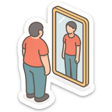 A mirror reflecting a body where the reflection differs from the original body, hinting at distorted body perception and psychosomatic external appearance. The reflection visually represents the inner self. Style: 2D Isometric with clear shadows and highlights, transparent background. sticker