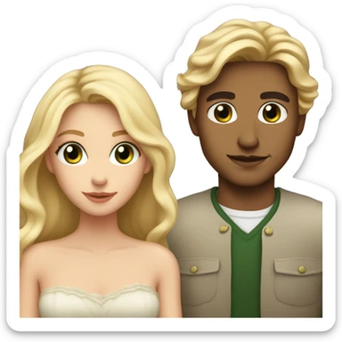 Romantic gaze between Lovers - she is a blondie with long wavy Hair and brown eyes and he is tall, dark haired with green eyes - both have fair skin  sticker