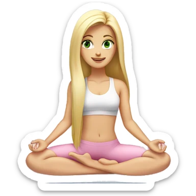 blonde long hair and green eyes yoga girl in light pink clothes sitting on a yoga mat sticker