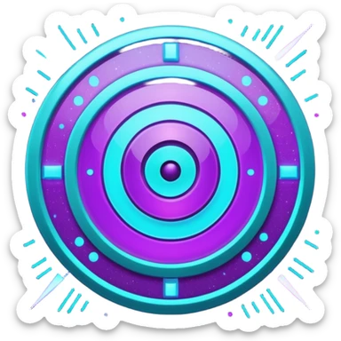 Futuristic glowing bullseye target emoji, neon purple and cyan holographic glow, dark background, digital tech style, abstract sparkles, no face. sticker