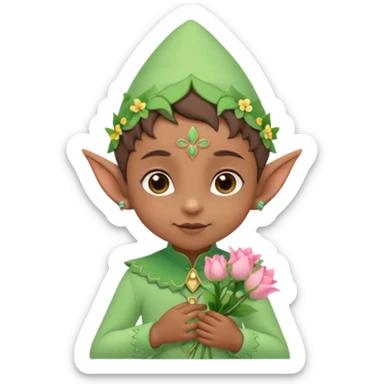 Tiny elf baby brown skin with pointy ears and hat, pastel green outfit, hold flowers sticker