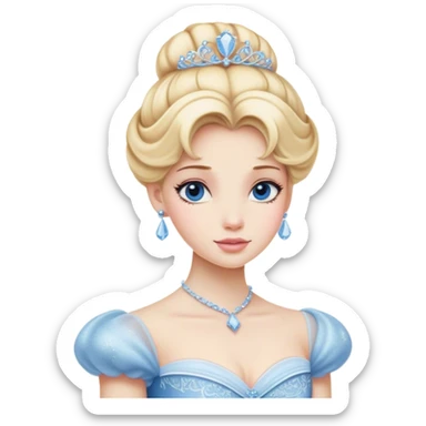 Cinematic Realistic Cinderella Portrait, depicted with lifelike porcelain skin, elegantly styled blonde hair, and a serene, graceful expression. Dressed in her classic ball gown with intricately detailed fabric textures and delicate pastel hues that catch soft, natural lighting, this portrait captures the timeless beauty of a fairy tale princess. sticker
