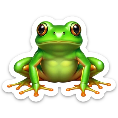 Cinematic Noble Green Tree Frog Portrait Emoji, Poised and alert, with a compact, vibrant body clad in bright, glossy green skin accented by delicate, sticky toe pads and large, bulging, observant eyes, Simplified yet sharp and sophisticated features, highly detailed, glowing with a soft, verdant luminescence, high shine, intelligent and sprightly, stylized with an air of tropical elegance, focused and attentive, soft glowing outline, capturing the essence of a watchful and confident amphibian that appears ready to leap out of the screen with effortless agility! sticker
