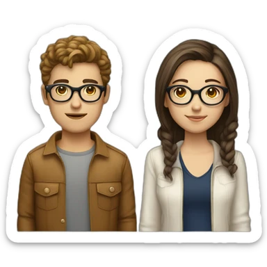 italian young cool couple brown hairs and white skin, the boy with rounded glasses, the girl is a model sticker