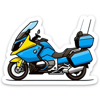 blue BMW RT1200 touring motorcycle with rider sticker