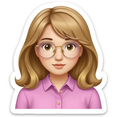 young adult woman with light skin, round face, prominent cheeks, medium plump body, long light brown hair with golden highlights, voluminous and wavy, long bangs over eyebrows, large octagonal glasses with thin golden or light pink frame, casual dark shirt sticker