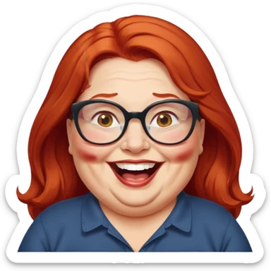 obese; older 50's ; long red hair ; women hazel eyes; glasses ; laughing sticker