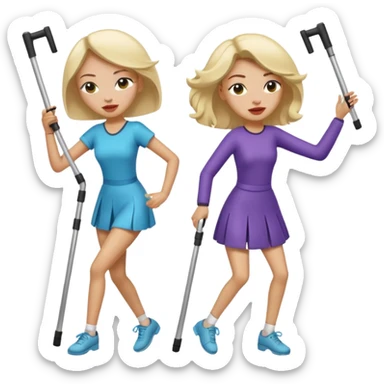 A woman dancing with one eye closed and another dancing with crutches. sticker