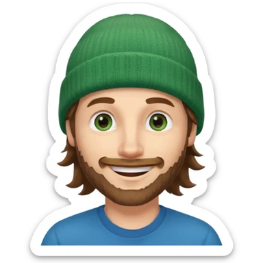 white man
aged 40,
Blue eyes, 
mid length brown wavy hair,
Green beanie hat,
Stubble
Smiling and winking sticker