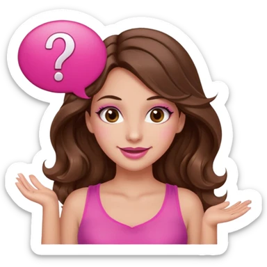 girl with long wavy brown hair, brown eyes, long lashes makeup, sexy pink lips, light to medium complexion, wearing a pink sexy top, shugging, smiling, question mark one speech bubble sticker