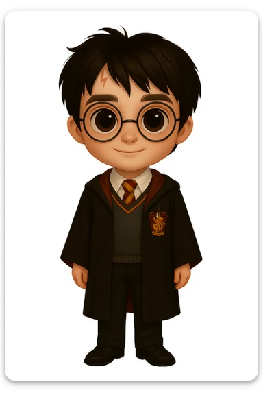 Create a full-body standing Harry Potter wearing the traditional Gryffindor uniform, with round glasses, a scar on the forehead, and large eyes, in the same visual style and proportion as the provided reference images. sticker