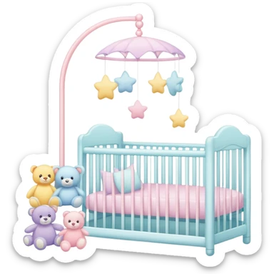 pastel baby nursery items including crib, mobile, and plush toys sticker