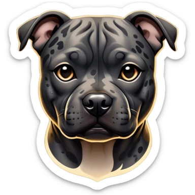 Cinematic Noble Black/Brindle Staffordshire Bull Terrier Portrait Emoji, Poised and regal, with a compact, muscular build and a sleek, well-groomed Fur featuring a striking mix of black and brindle patterns, deep-set soulful dark eyes, Simplified yet sharp and sophisticated features, highly detailed, glowing with a soft, dignified glow, high shine, intelligent and loyal, stylized with an air of strength, focused and attentive, soft glowing outline, capturing the essence of a watchful and confident guardian, so majestic it feels as though it could stride out of the screen with effortless authority! sticker