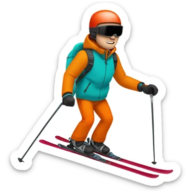 white man skiing wearing an ORANGE JACKET and a RED HELMET and wearing TURQUOISE PANTS sticker