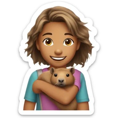 happy 10-year-old girl with kind of messy hair, smiling holding capybara sticker
