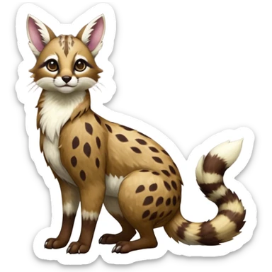Colorful dark realistic chocolate-brown tropical beige fur glorious divine exotic cute cool beautiful shiny beautiful fantasy-Furret-Eevee-caracal-civet-genet-sergal-vernid-Cacomistle-oncilla-animal-Fakémon-hybrid-fursona with white deer-spots pattern markings (full body) sticker