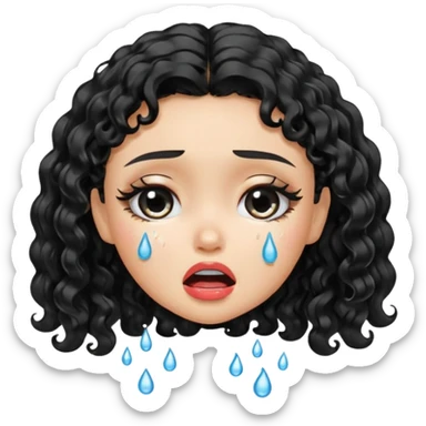 a pretty fair bratz girl with black curly hair, crying sticker