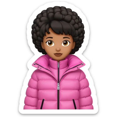 A brown skin  skinned girl that’s has puffy black hair with her hair up in a puffy hairstyle and skinny and wears a pink puffer coat sticker
