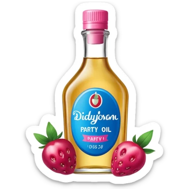 bottle of oil blue top pink outside with logo that says Diddy Party oil Johnson and Johnson  brand with a smiling berry on top sticker