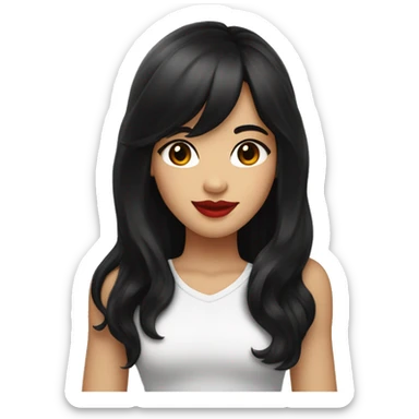 pretty girl with long black hair reaching below the armpits with bangs. red lips, brown eyes, fair skin sticker