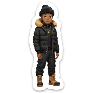 Handsome Black grown man with brown skin tone, wear black joggers, a black bubble coat with a fur brim on the hood, and buckwheat timberland boots sticker
