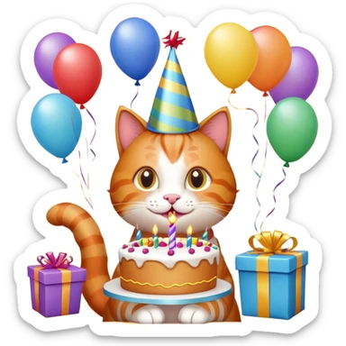 Ginger cat celebrates birthday, birthday hat, birthday cake, balloons, happy, gifts sticker
