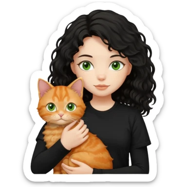 Girl with medium length black wavy hair in a black t shirt holding a ginger cat sticker