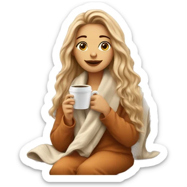 Auburn long haired girl in with a blanket and a latté coffe sticker