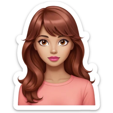 gorgeous woman, light tan skin, dark brown eyes, very long wavy auburn hair, bangs, pink top, coral lipstick, cool, model sticker