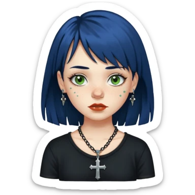 “Make an emoji of a girl with freckles on her cheeks, dark blue hair, greenish-brown eyes (more on the green side), black clothes, medium-sized lips, side curtain bangs, a punk cross necklace, and an Affliction shirt. sticker