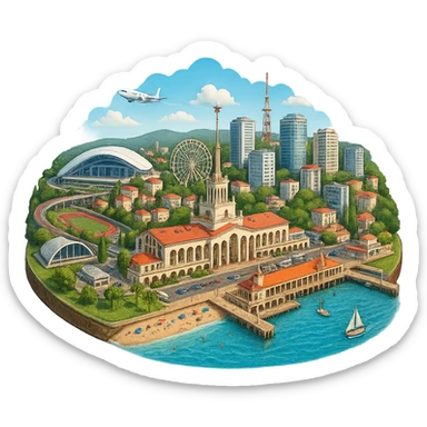 Изометричная, яркая, детализированная и фотореалистичная иллюстрация панорамы города Cочи на круглой подставке в стиле 3D-коллажей городов, чёткие линии, слегка мультяшная стилистика, прозрачный фон, не обрезать края картинки sticker