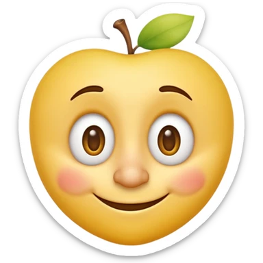 3D yellow emoji, classic round face, cartoon style, Apple emoji style, exaggerated long nose like Pinocchio, guilty smiling expression, eyes looking sideways mischievously, glossy texture, soft shadows, isolated on white background, high detail, realistic rendering sticker