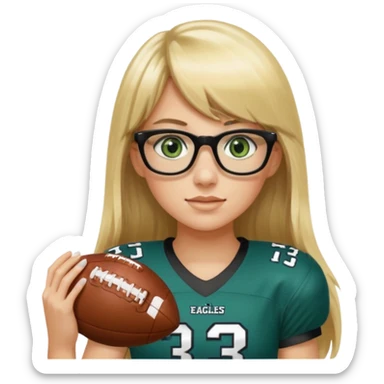 long blonde hair with bangs small black rectangle glasses female green eyes football player wearing eagles jersey number 33 holding football sticker